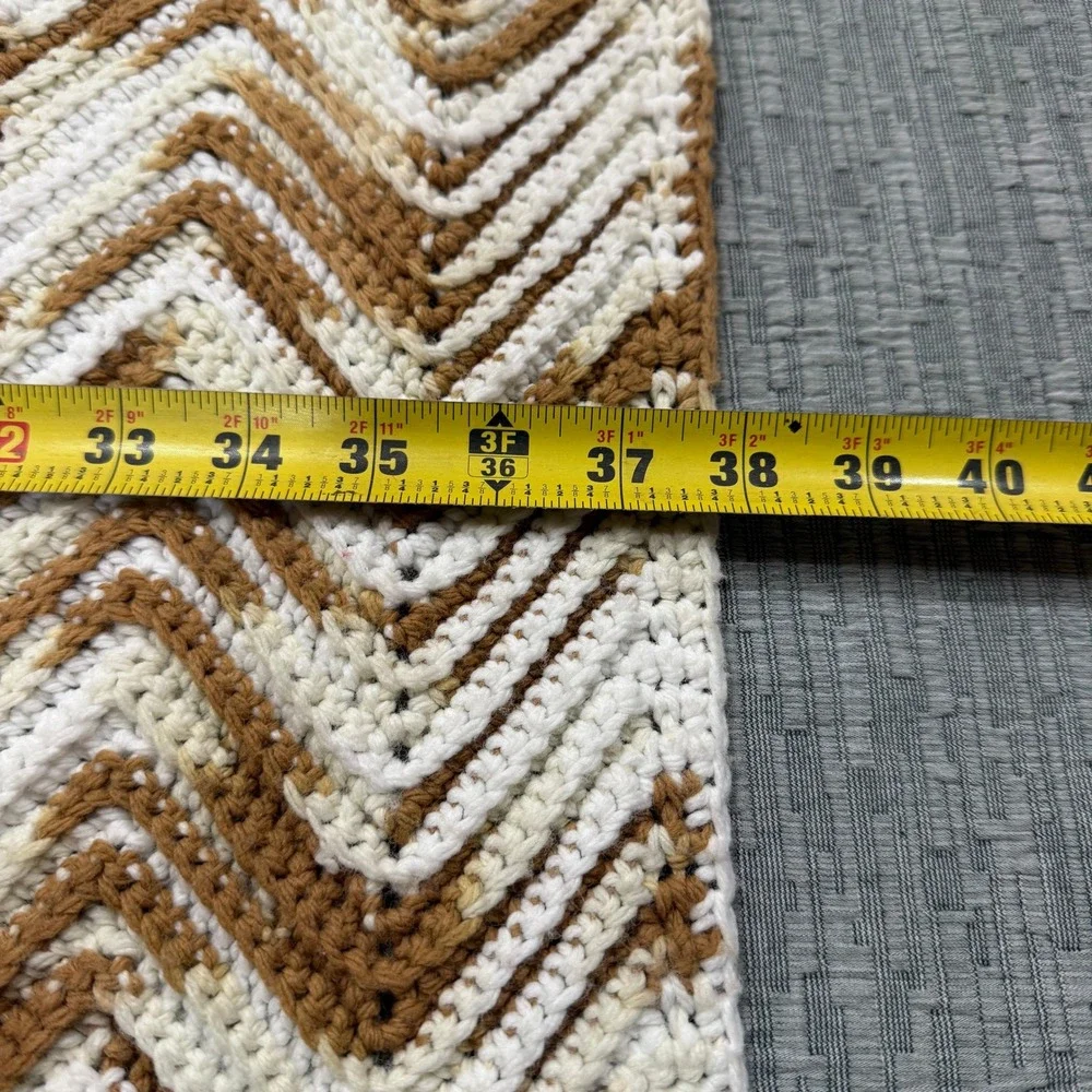Vintage Handmade Crochet‎ Chevron Cream Tan Brown Afghan Blanket Throw 75